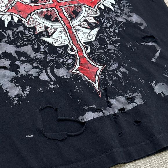 Y2K Grunge Thrashed Black Affliction Style Graphic Tee Konflic Large Cross Wings - Picture 4 of 5